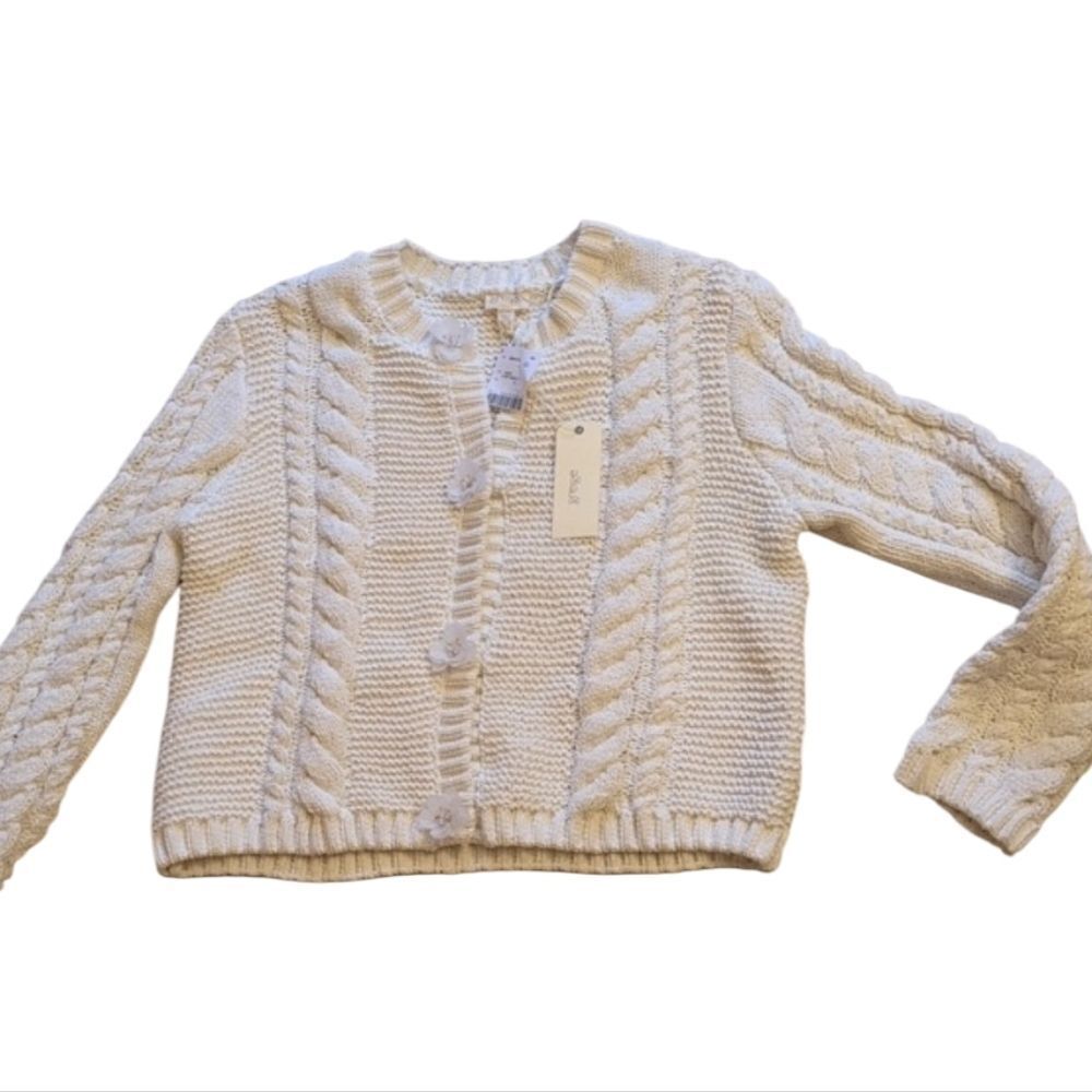NWT Greige Cable Knit Cardigan Sweater White Flower Beaded Buttons Ivory Size XL